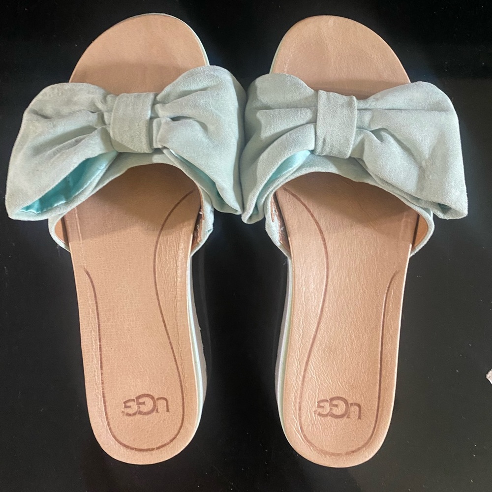 UGG Australia Womens Joan Aqua Blue Teal Bow Tie Sandal Platform Slide Size 9